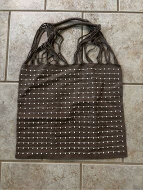 Brown Beaded Fringe Knit Tote Bag